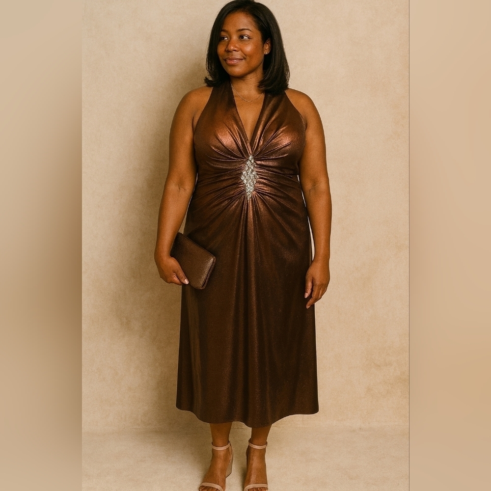 Shimmering Brown Maxi Dress. Gathered Waist. Rhindtone Detail. Size 20